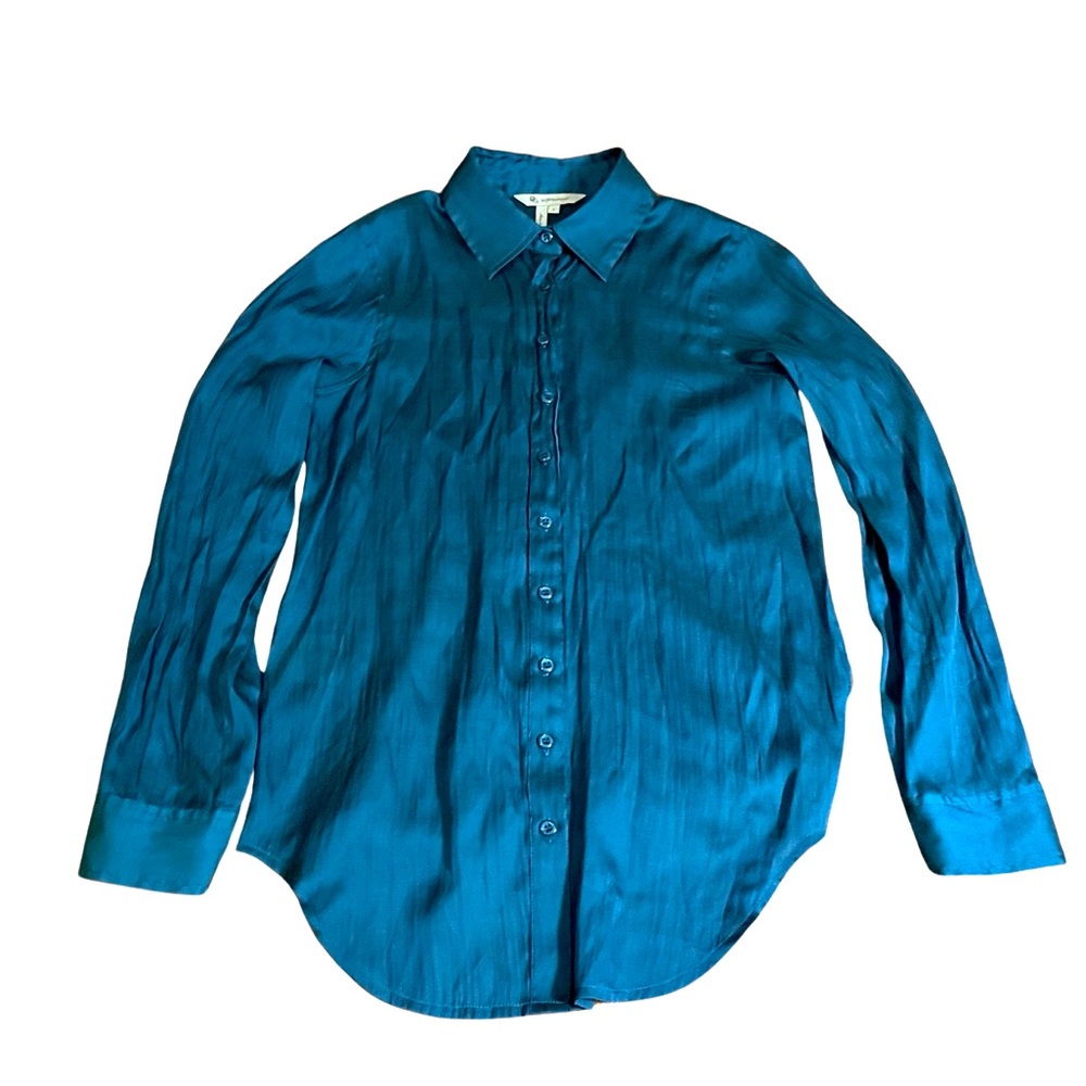 BCBGeneration teal blue button down blouse long sleeve size small cotton stretch